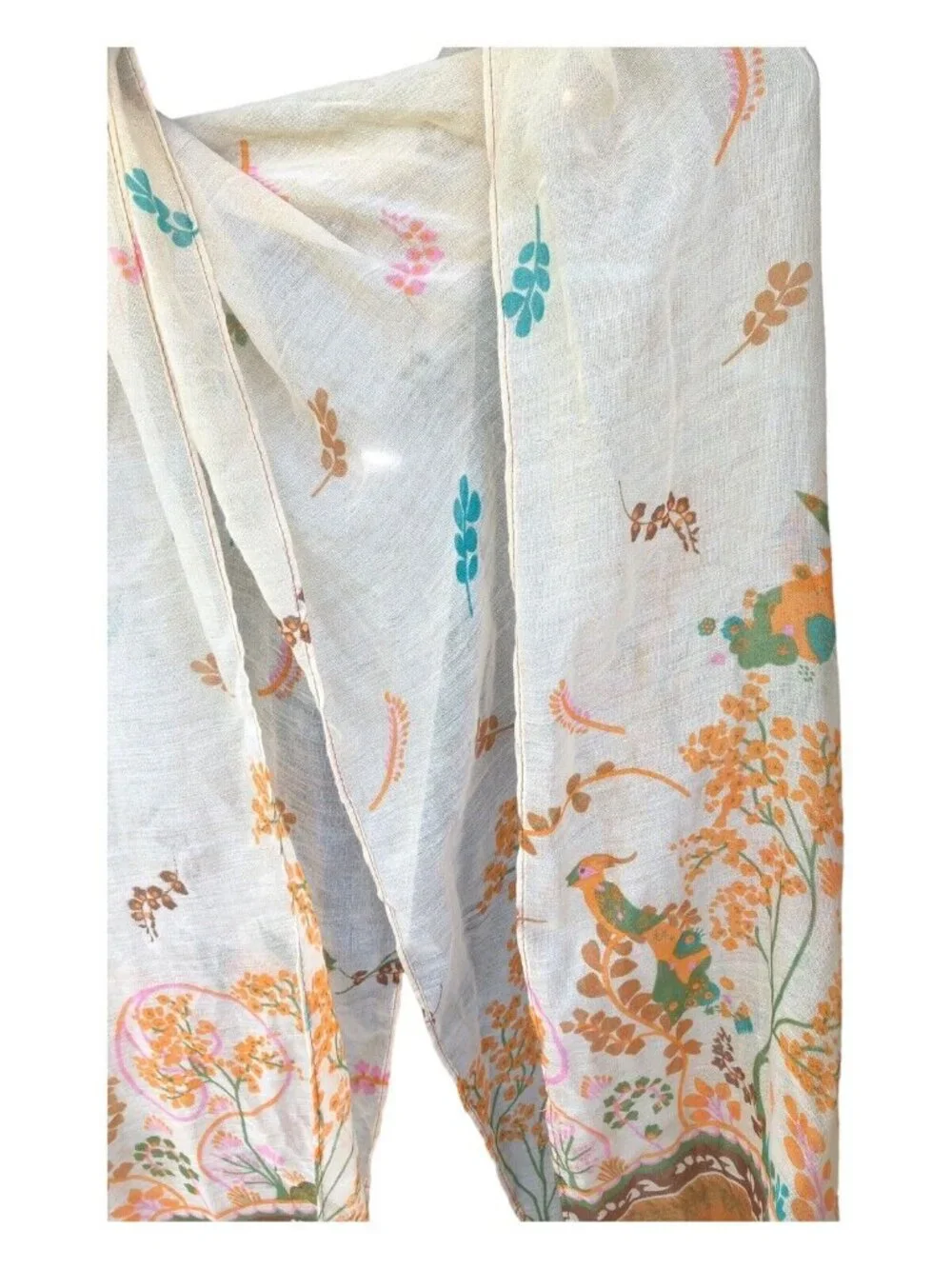 Multi Color Leaf Print Bird Accent Boho Rectangle Sheer Scarf READ